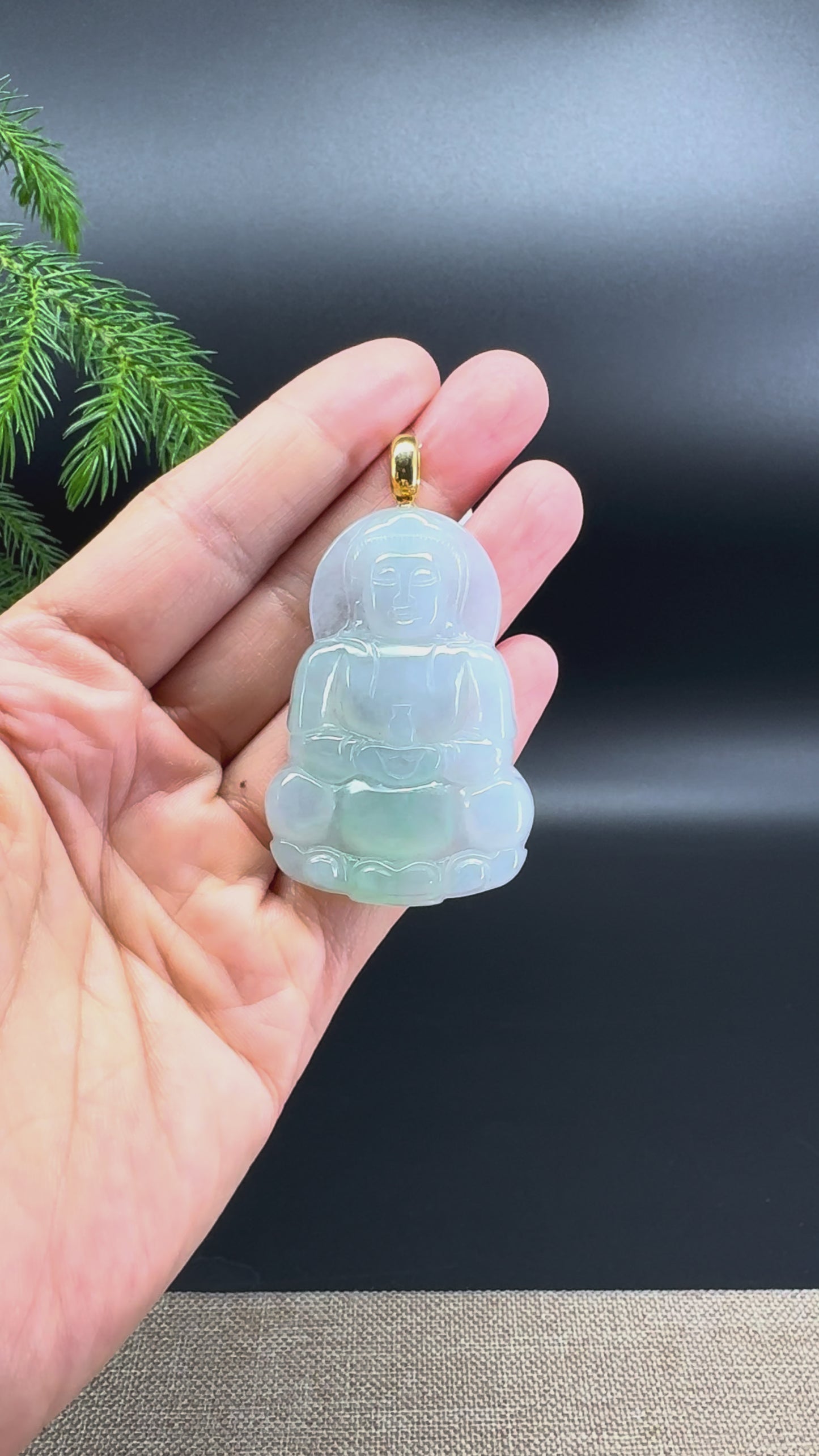 18K Yellow Gold  Burmese Natural Icy Green Jadeite Jade Guanyin Pendant