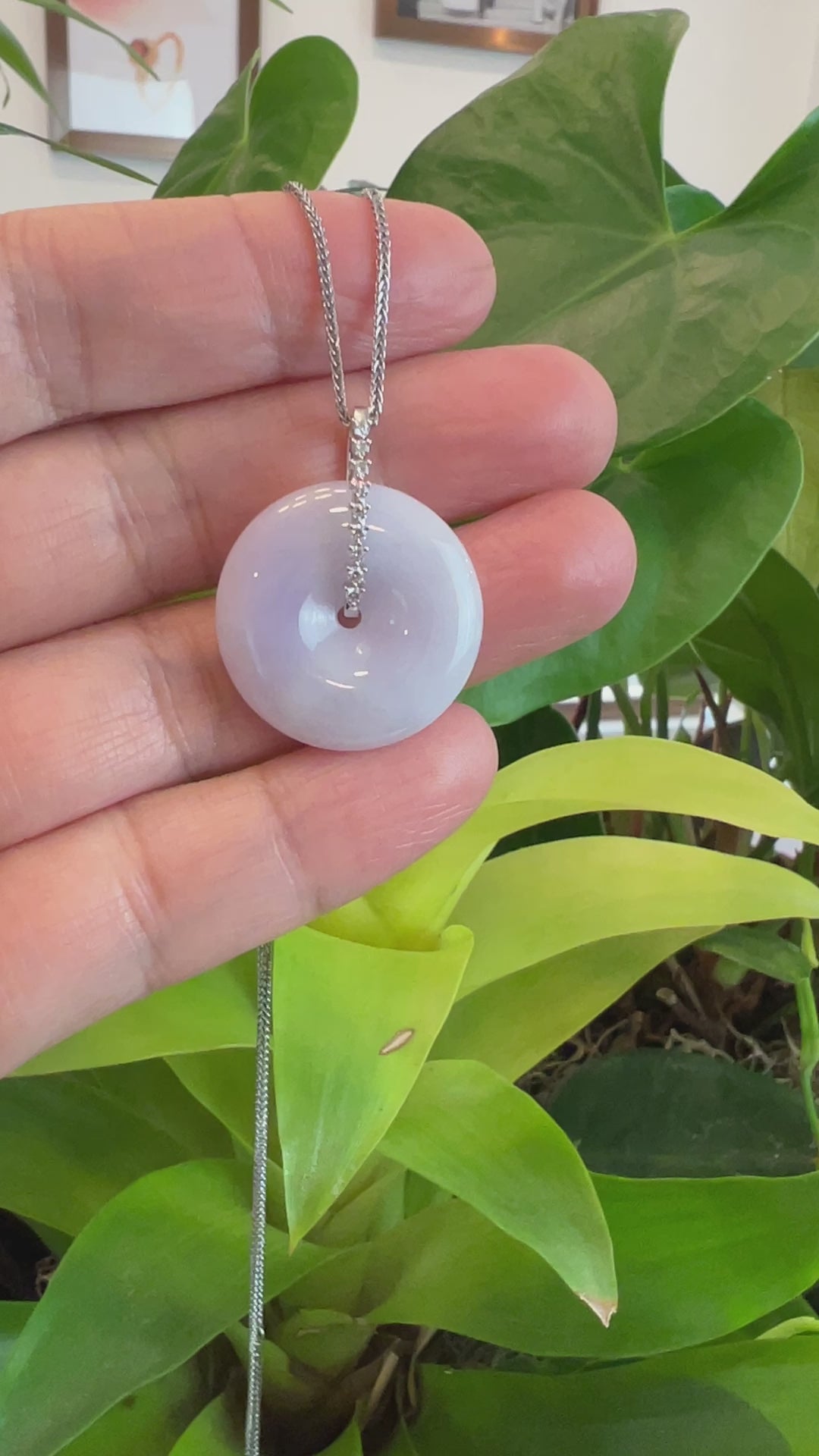Load and play video in Gallery viewer, 14K White Gold &amp;quot;Good Luck Button&amp;quot; Necklace Lavender Jadeite Jade Pendant Necklace

