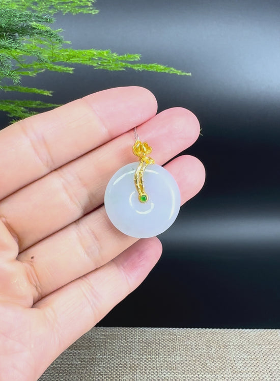 Load and play video in Gallery viewer, &amp;quot;Good Luck Button&amp;quot; Lavender Jadeite Jade Lucky KouKou Pendant With 18K Yellow Gold  Bail
