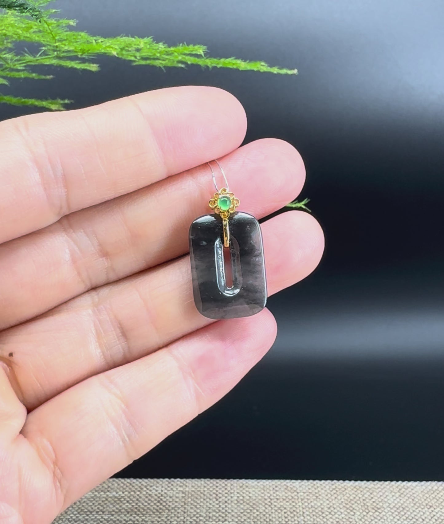 Load and play video in Gallery viewer, &amp;quot;Good Luck Button&amp;quot;Icy Black Jadeite Jade Lucky KouKou Pendant With 18K Yellow Gold Bail
