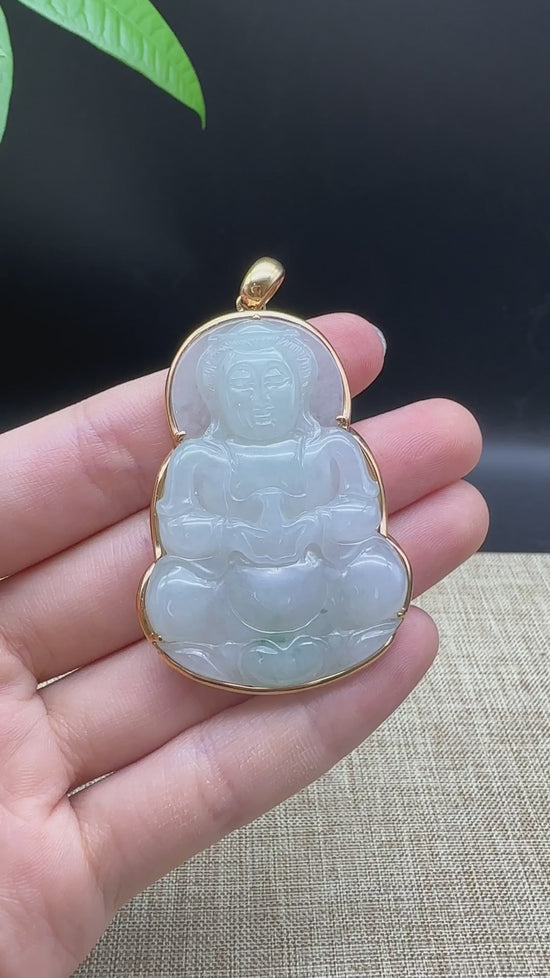 Load and play video in Gallery viewer, &amp;quot;Goddess of Compassion&amp;quot; 18k Rose Gold Genuine Burmese Jadeite Jade Guanyin Necklace With Good Luck Design
