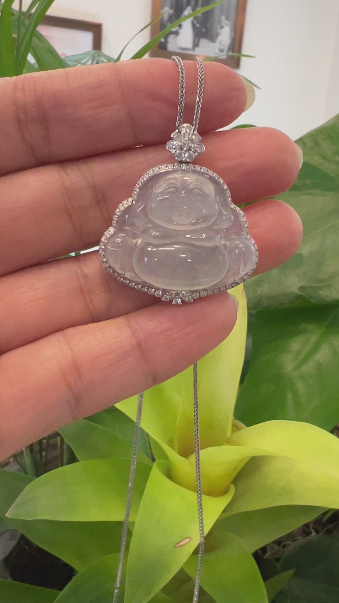 Load and play video in Gallery viewer, RealJade® Co. High-end 14K White Gold Genuine Burmese Ice Jadeite Jade Buddha Pendant with Diamonds High Jewelry
