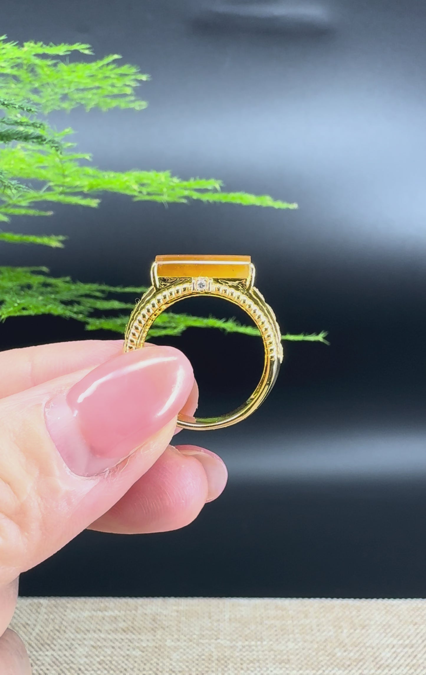 RealJade® "Signature Signet" 18K Yellow Gold  Honey Yellow  Bamboo Jadeite Jade Diamonds Ring
