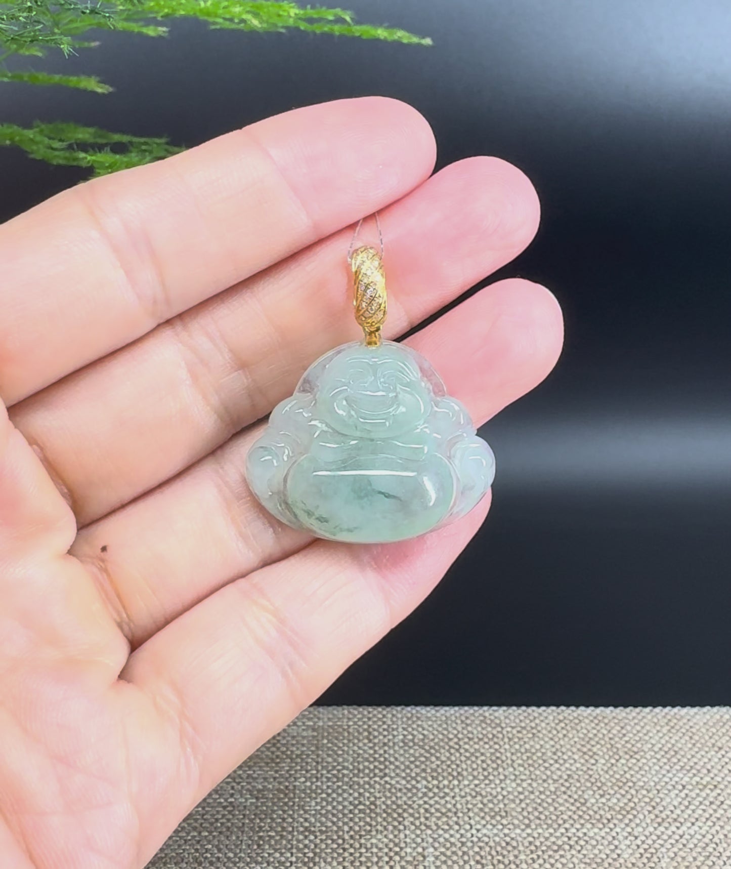 Load and play video in Gallery viewer, 18K Yellow Gold Burmese Icy Green Jadeite Jade Happy Buddha Pendant
