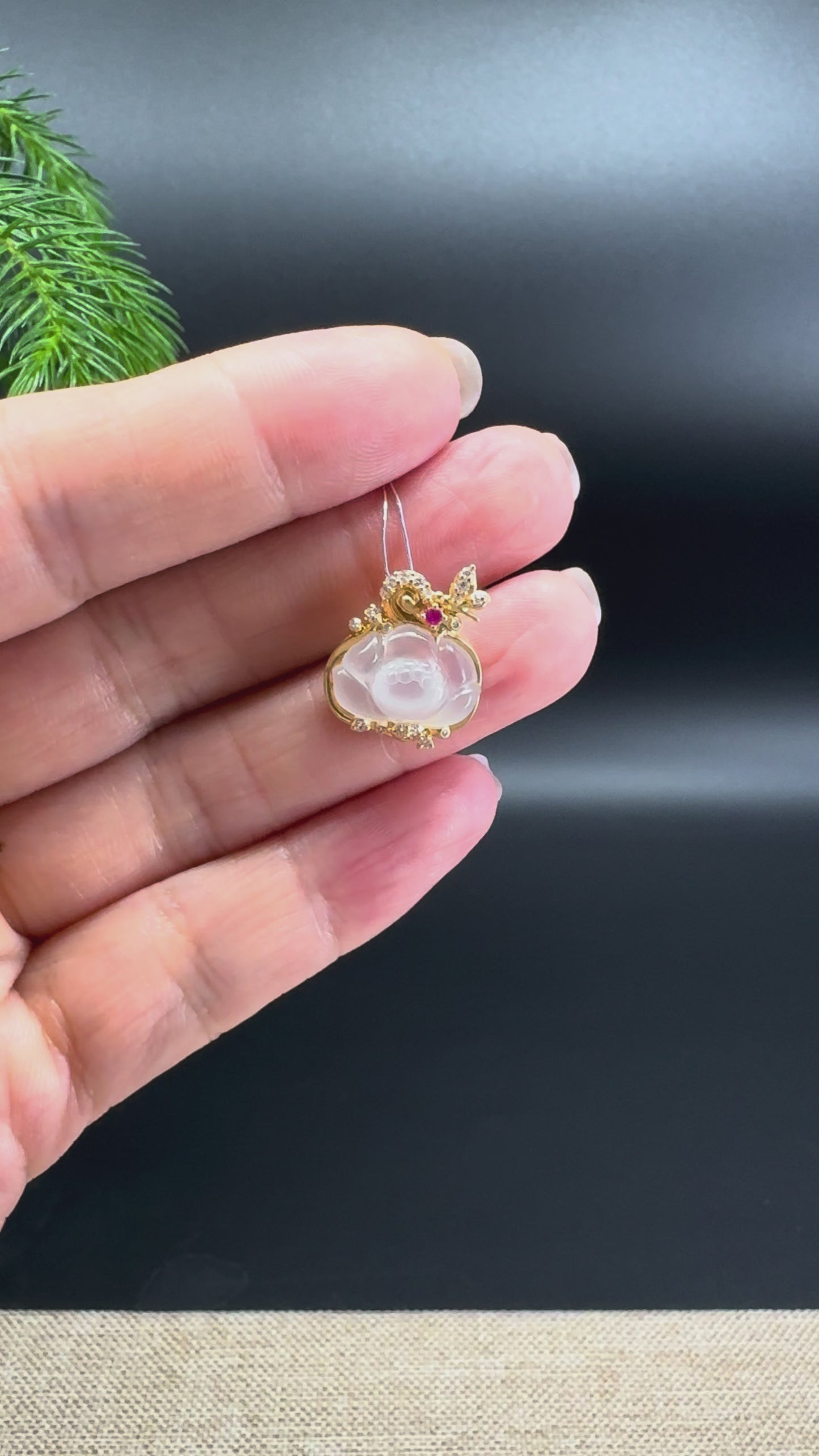 RealJade® Co. Genuine Icy Jadeite Jade Lotus Necklace With 18K Yellow Gold Diamonds Bail