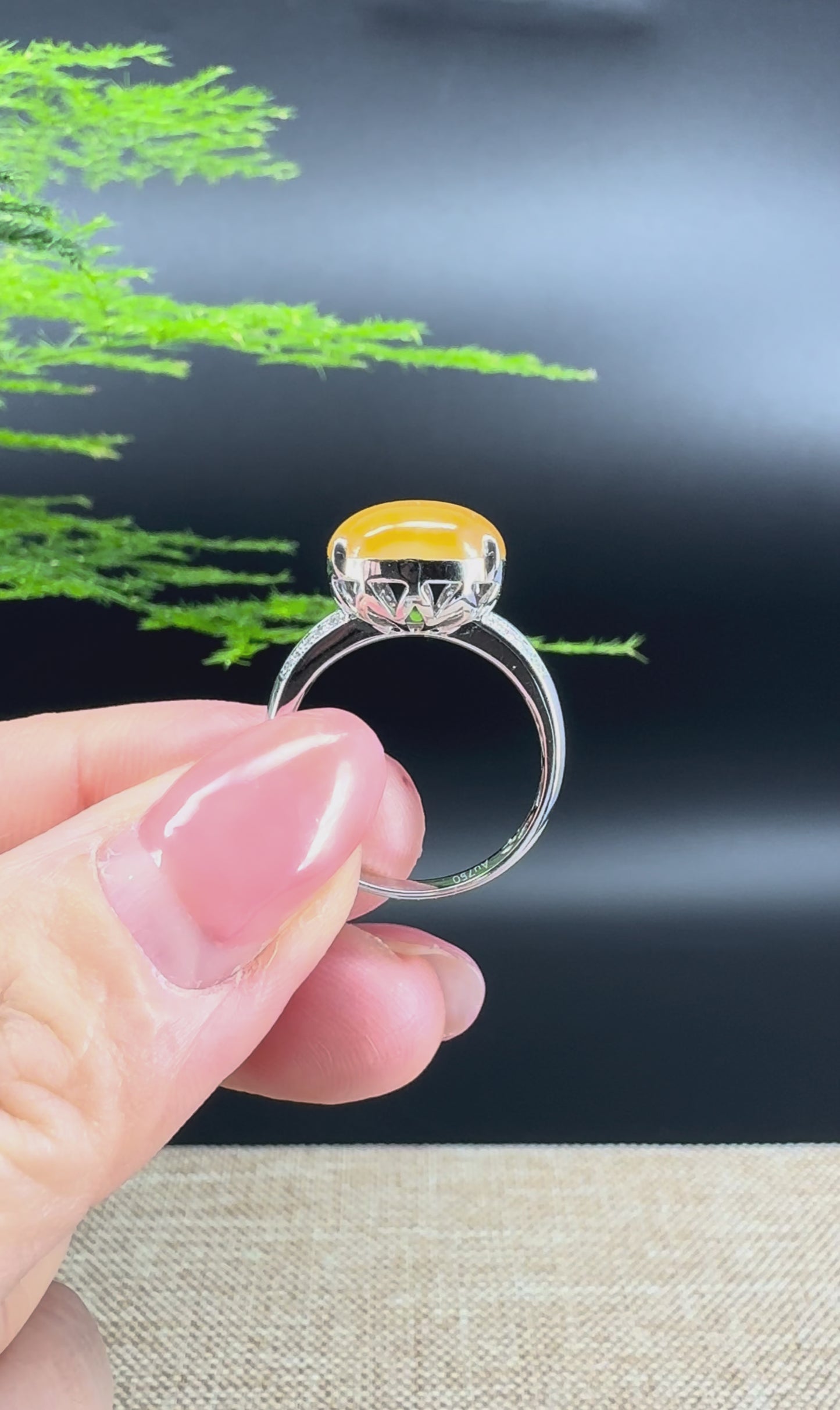 Load and play video in Gallery viewer, RealJade® &amp;quot;Amelie&amp;quot; 18k White Gold Natural Honey Yellow Jadeite Hulu Ring With Diamonds
