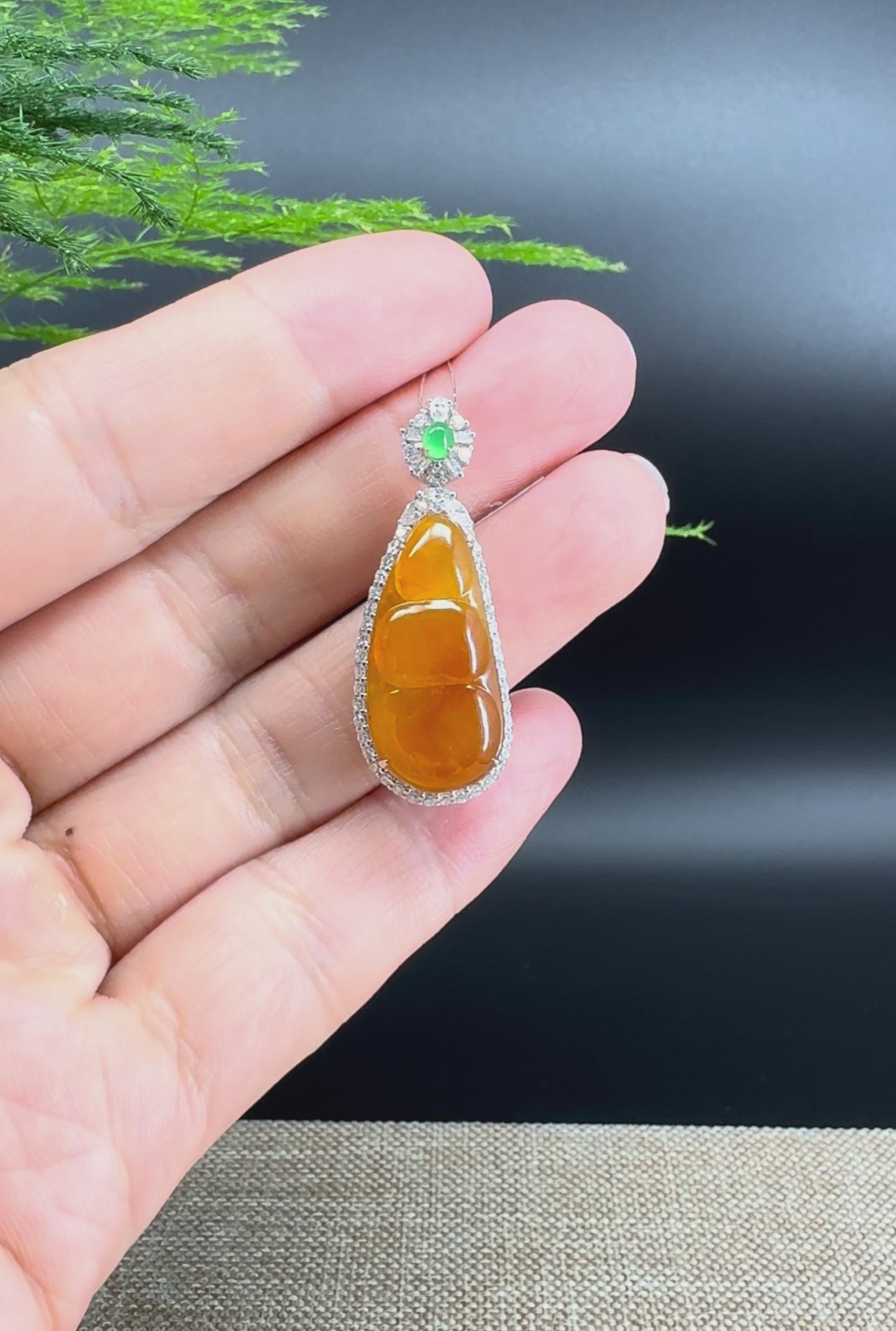 Load and play video in Gallery viewer, RealJade® Co. Genuine Burmese Honey Yellow Jadeite Jade Fu Dou Pendant with 18k White Gold Diamond Bail
