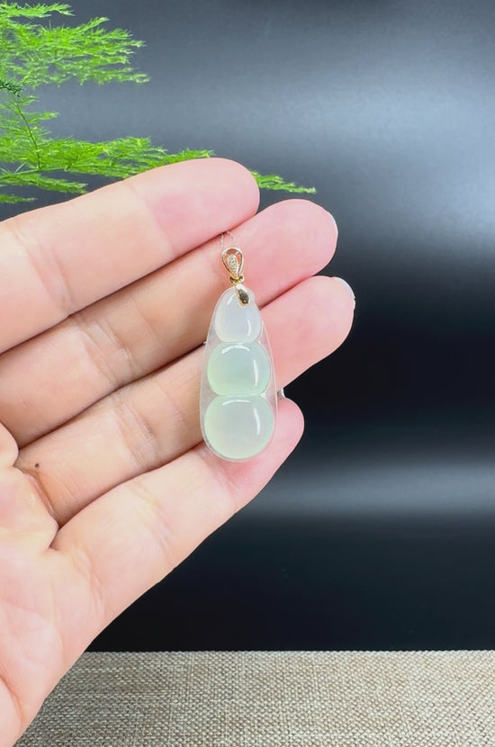 Load and play video in Gallery viewer, RealJade® Co. Genuine Ice Green Jadeite Jade Bean Necklace With 18K Rose Gold Bail
