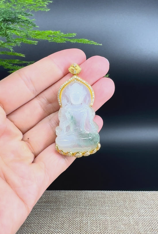 Load and play video in Gallery viewer, RealJade® 18K Yellow Gold Genuine Luxury Icy Green Jade Guanyin Pendant Necklace With Diamonds
