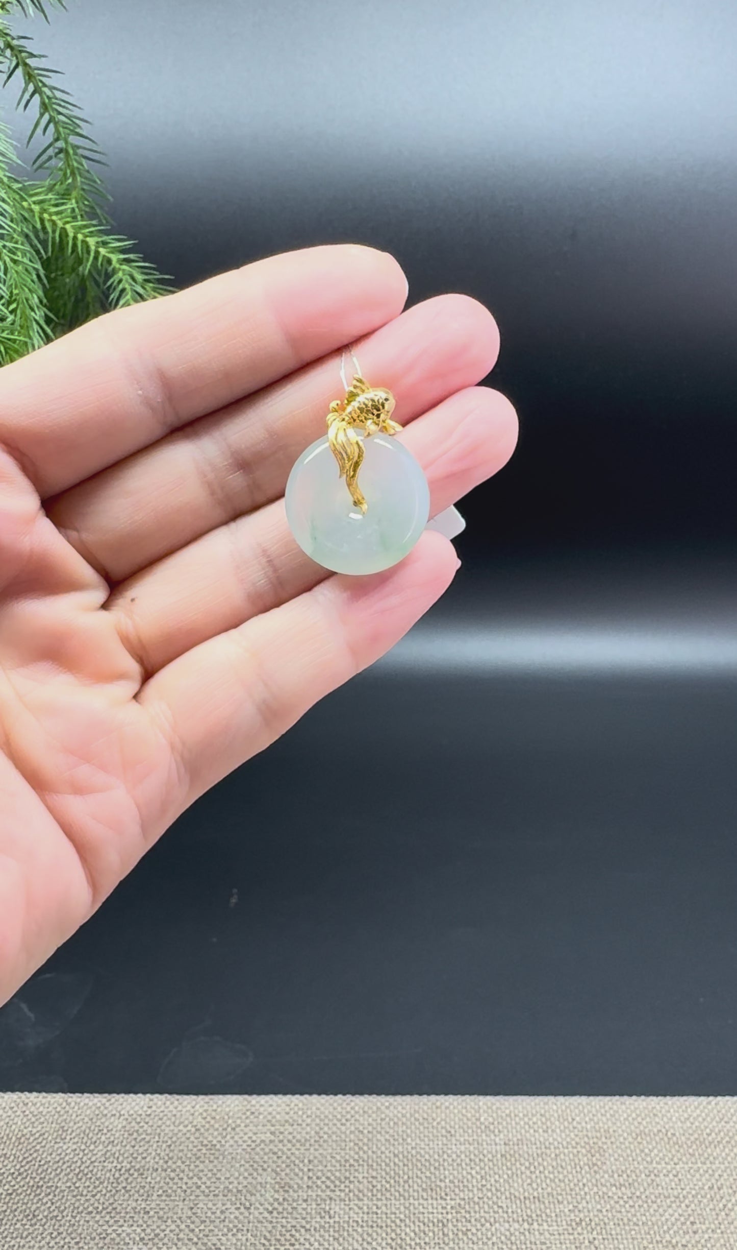 "Good Luck Button" Light Green Jadeite Jade KouKou Pendant With 18K Yellow Gold Koi-fish Bail