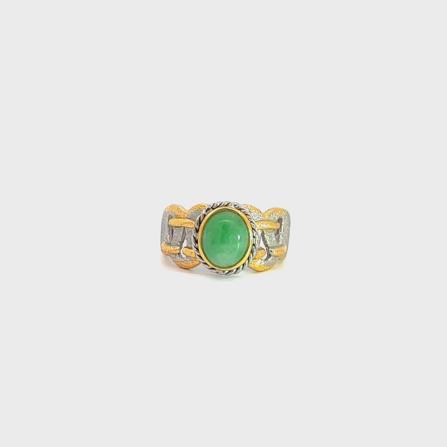 Load and play video in Gallery viewer, RealJade® Co. RealJade® Co. Antique Natural Jadeite Jade Sterling Silver Gold Plated Two Tone Ring
