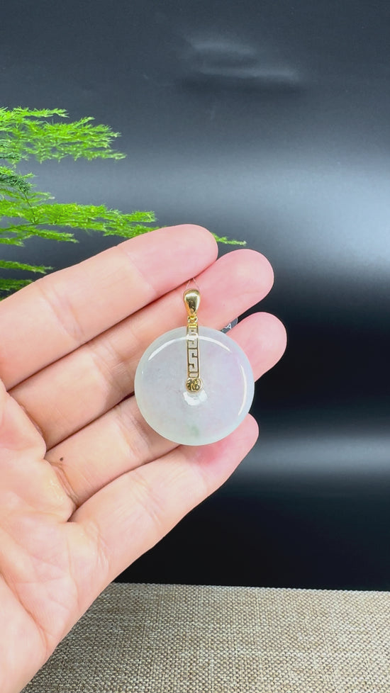 Load and play video in Gallery viewer, &amp;quot;Good Luck Button&amp;quot;Icy Green Jadeite Jade Lucky KouKou Pendant With 18K Yellow Gold Bail
