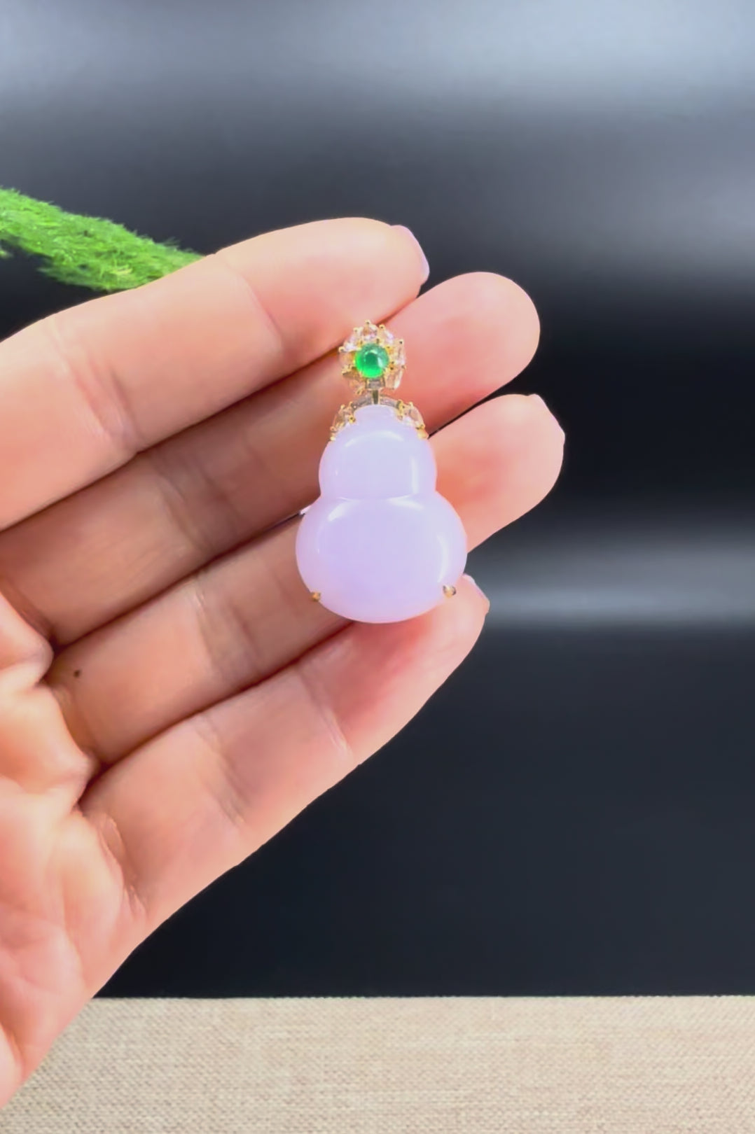 RealJade® Co. Genuine Light Lavender Jadeite Jade Good Luck Hulu Necklace With 18K Yellow Gold Bail And Diamonds