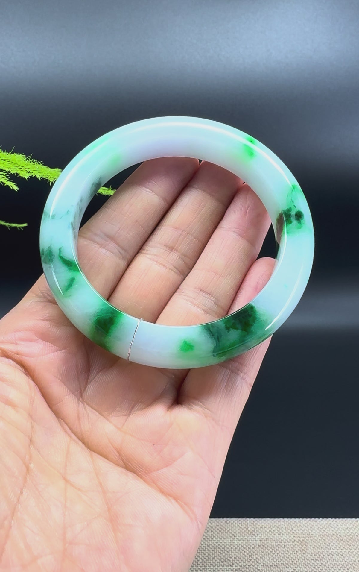 Genuine Burmese Milky White & Spicy Green (BDC)Jadeite Jade Bangle Bracelet ( 55.9mm )