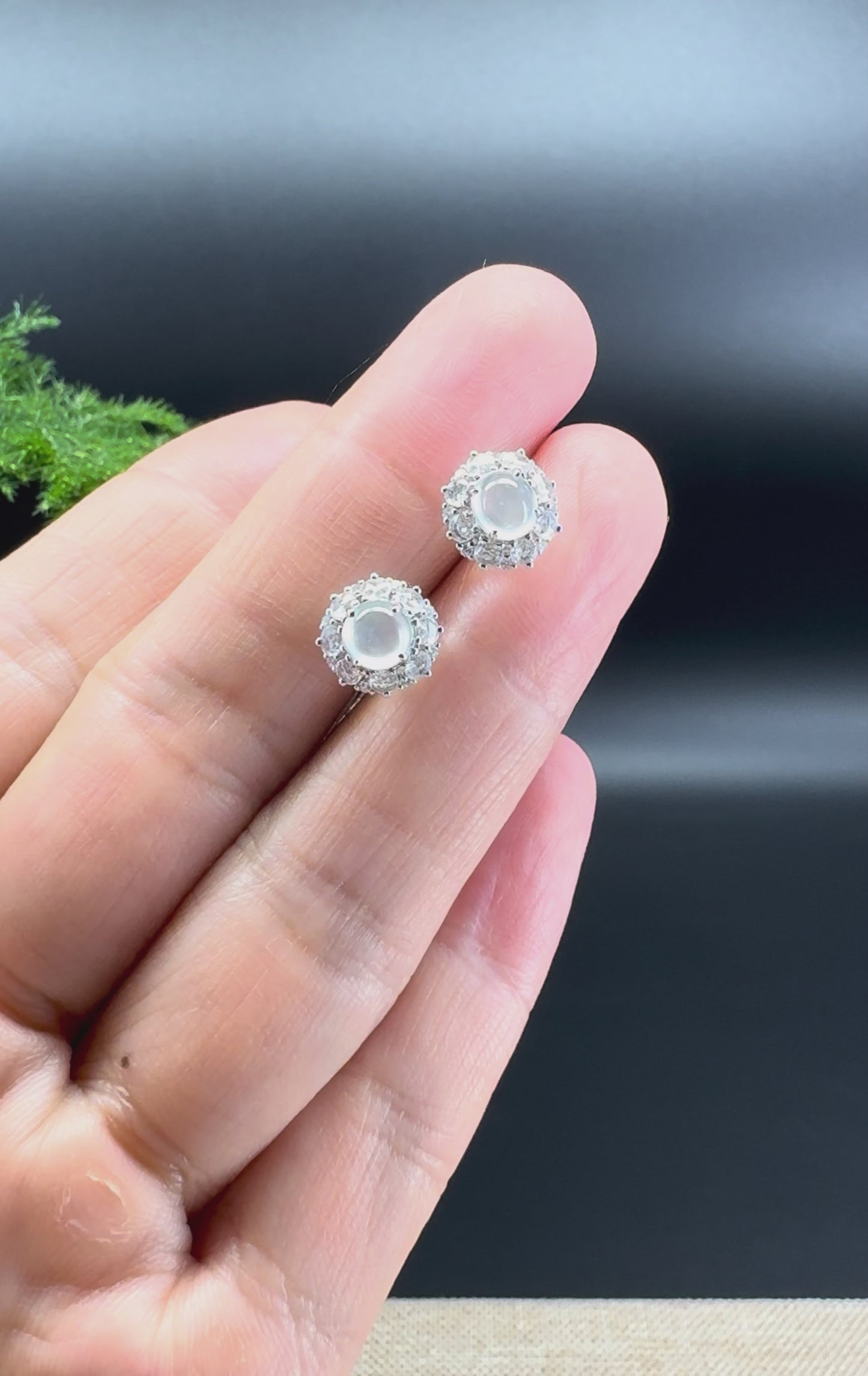 RealJade® 18k White Gold Icy Jadeite Jade Stud Earrings With Diamonds