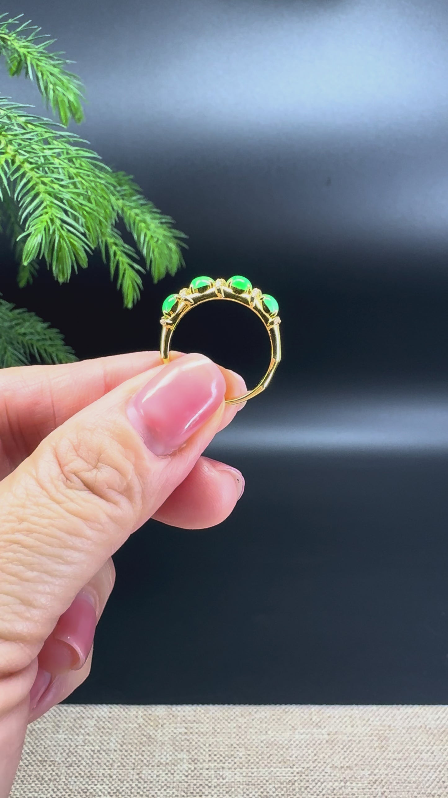 RealJade® 18K Yellow Gold Green Jadeite Jade Diamonds Bamboo Ring