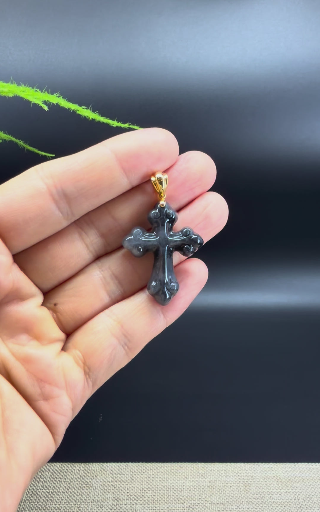 RealJade® Co. Genuine Wuji (Black) Jadeite Jade Cross Pendant Necklace With 18K Yellow Gold Bail