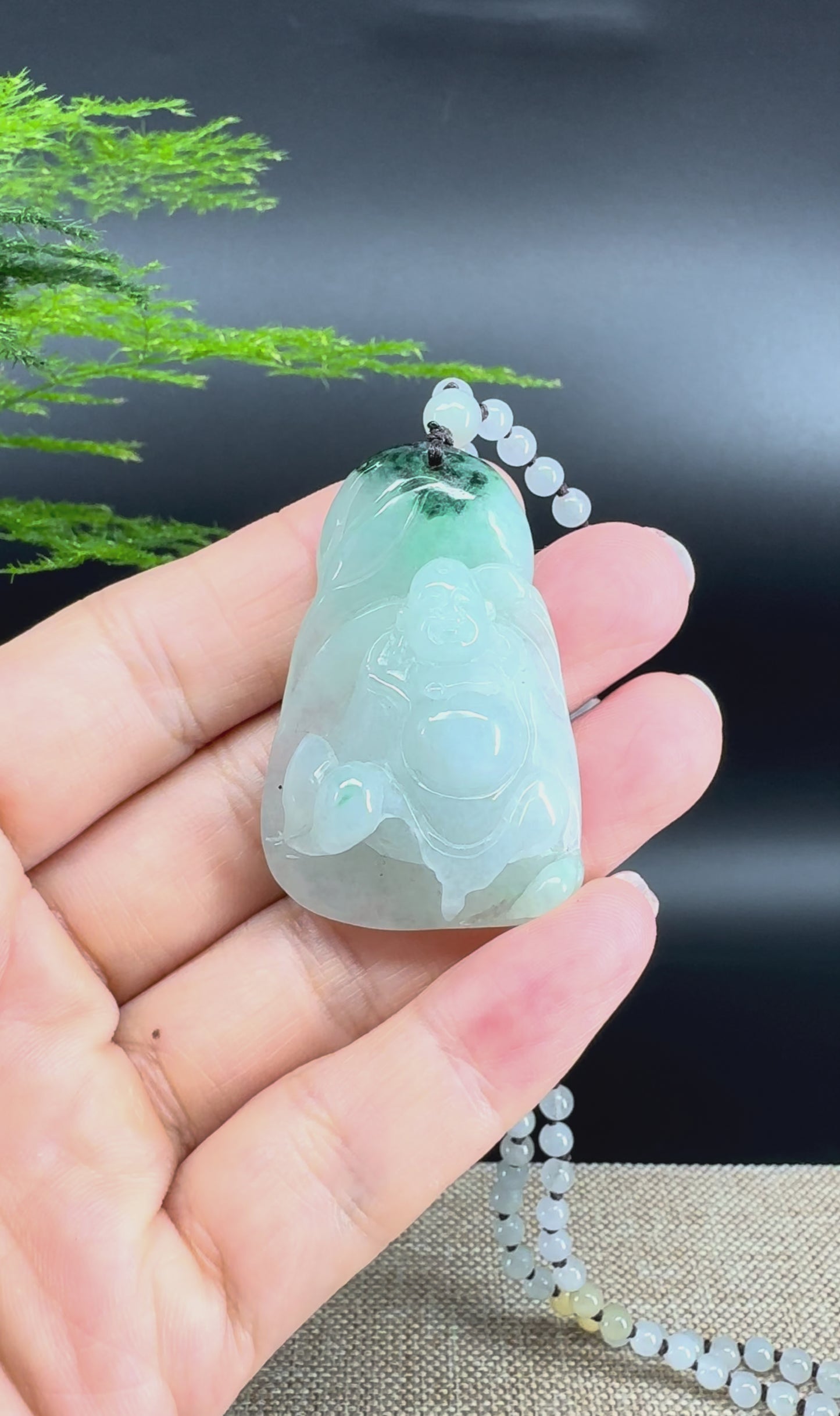 Load and play video in Gallery viewer, RealJade® Co.  Genuine Burmese Jadeite Jade Icy Green Happy Buddha Pendant Necklace
