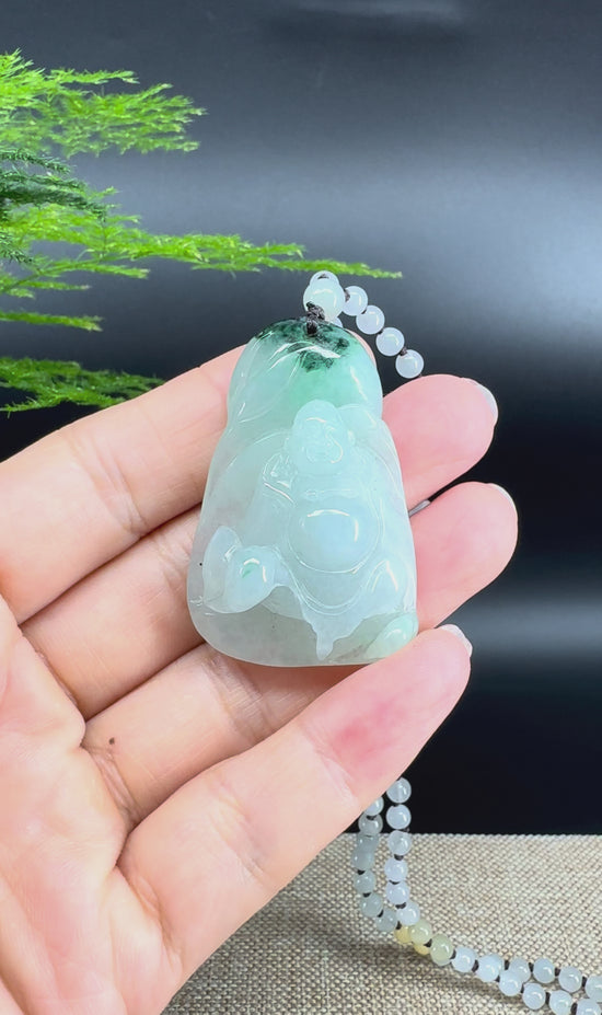 Load and play video in Gallery viewer, RealJade® Co.  Genuine Burmese Jadeite Jade Icy Green Happy Buddha Pendant Necklace
