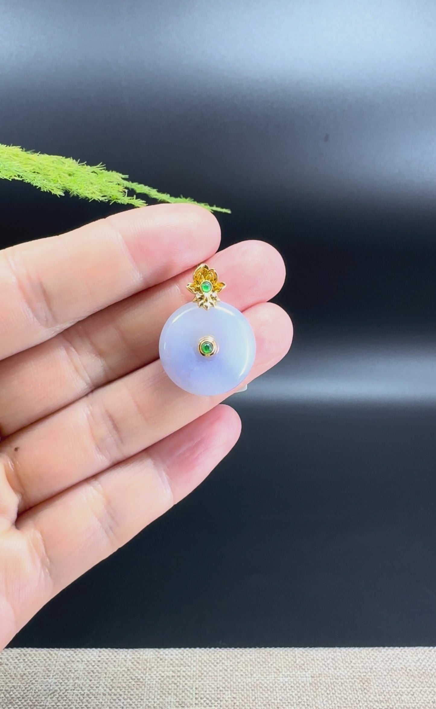 Load and play video in Gallery viewer, &amp;quot;Good Luck Button&amp;quot;Ice Lavender Jadeite Jade Lucky KouKou Pendant With 18K Yellow Gold Diamond Bail
