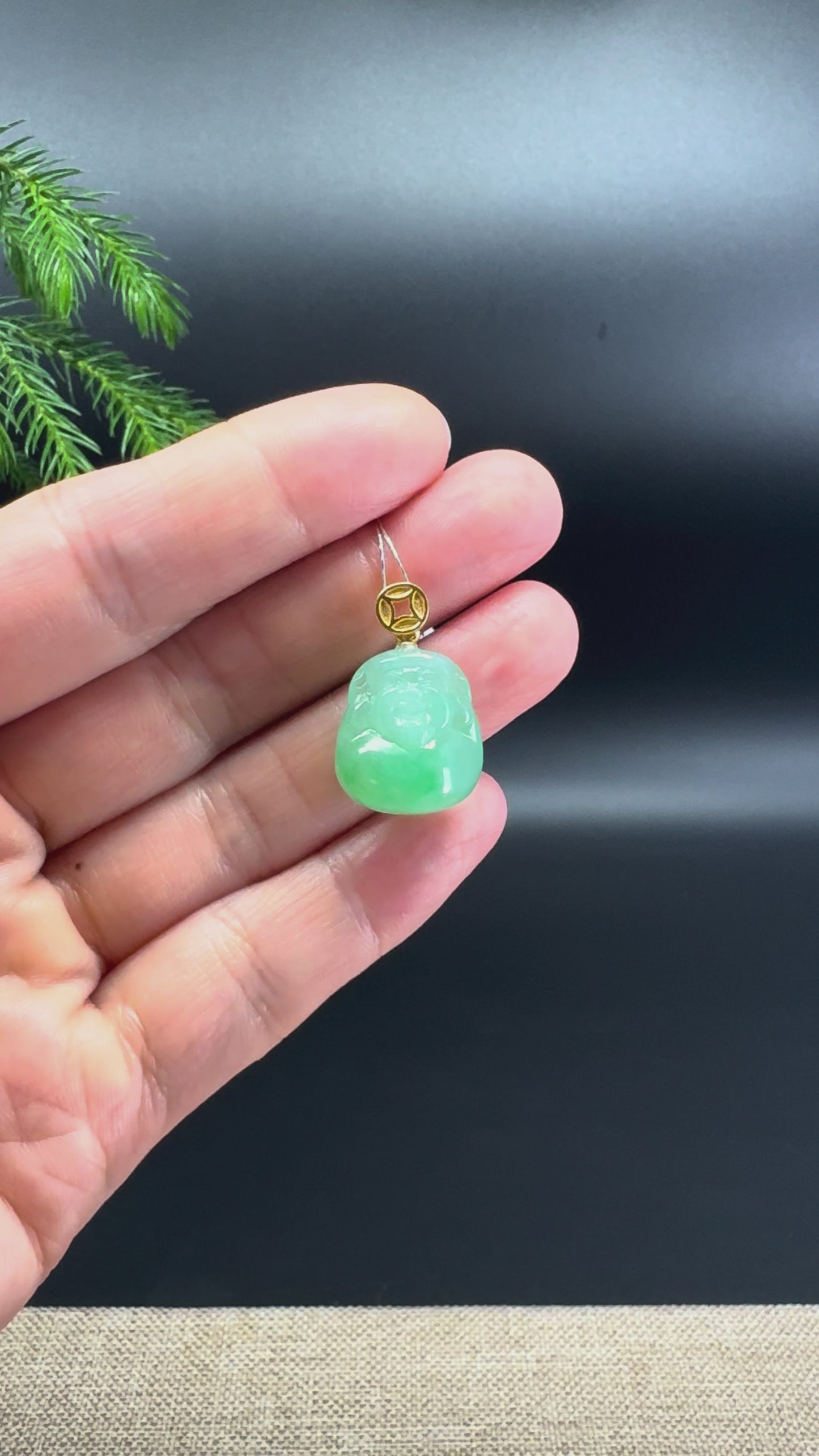 18K Yellow Gold Burmese Bright Green Jadeite Jade Mini Money Saint Pendant