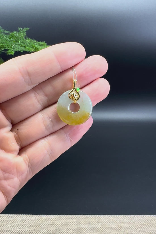Load and play video in Gallery viewer, &amp;quot;Good Luck Button&amp;quot;Icy Yellow Jadeite Jade Lucky KouKou Pendant With 18K Yellow Gold Bail
