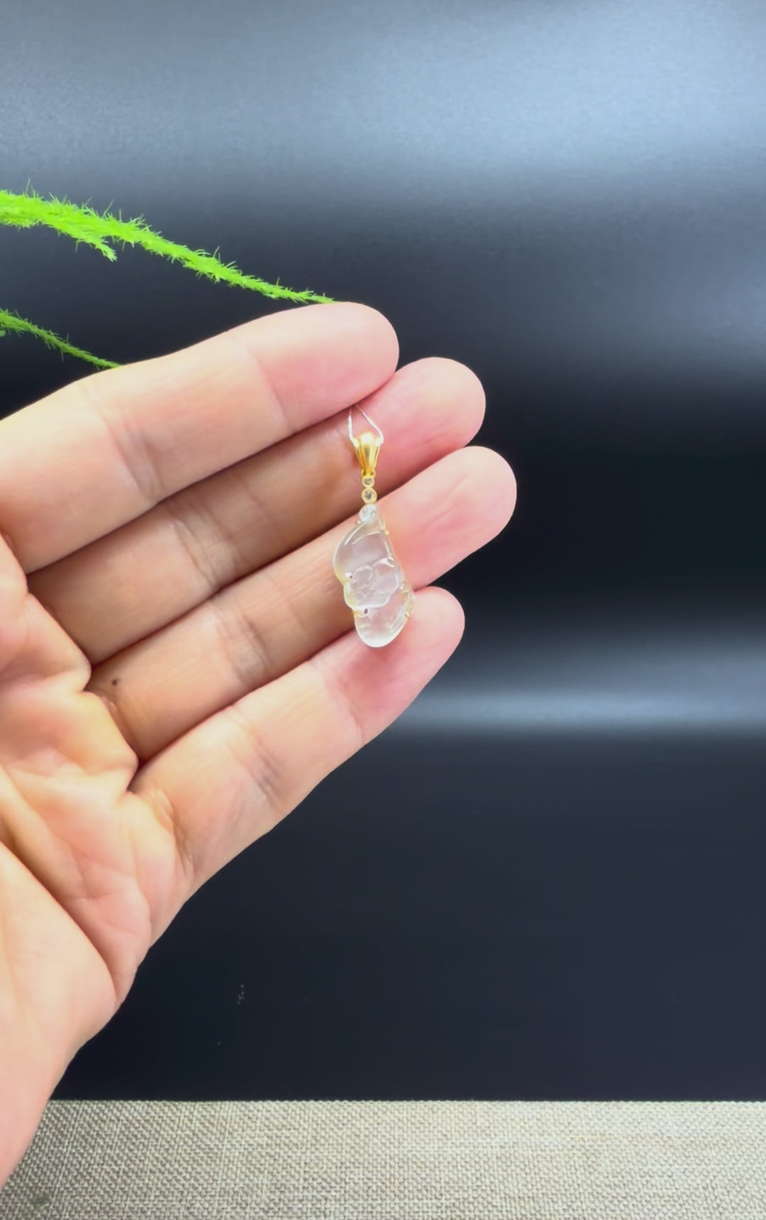 RealJade® Co. Genuine Icy White Jadeite Jade Bat Pendant Necklace With 18K Yellow Gold Diamonds Bail