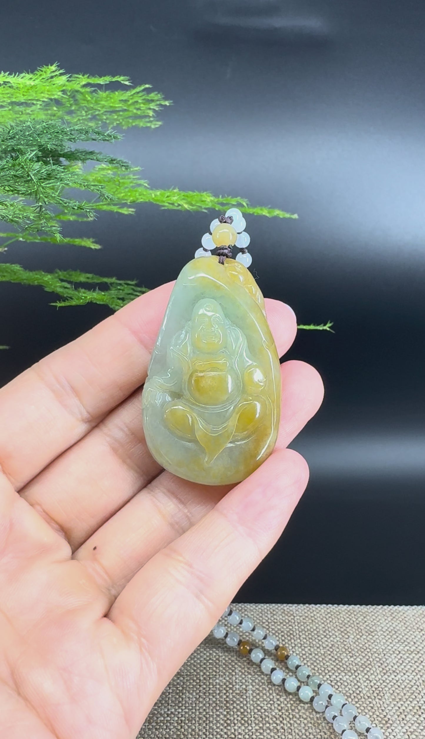 Load and play video in Gallery viewer, RealJade® Co.  Genuine Burmese Jadeite Jade Yellow Green Happy Buddha  Pendant Necklace
