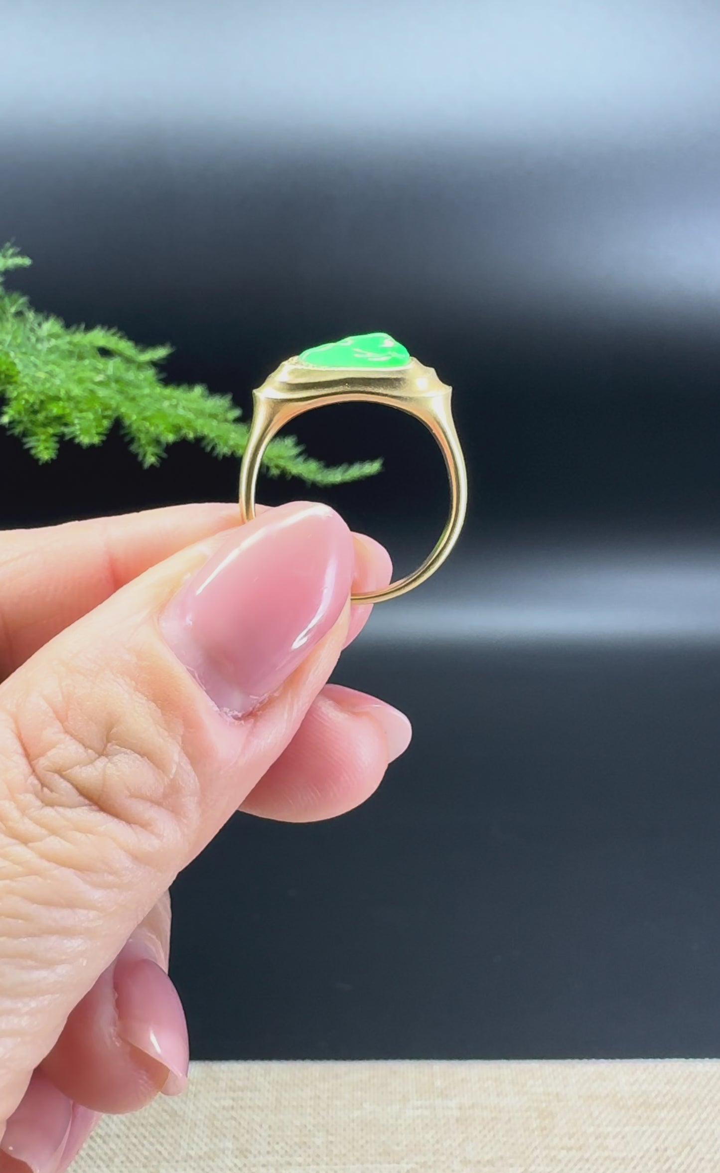 RealJade®18K Yellow Gold Green Jadeite Jade Free-Form Ring with Diamonds