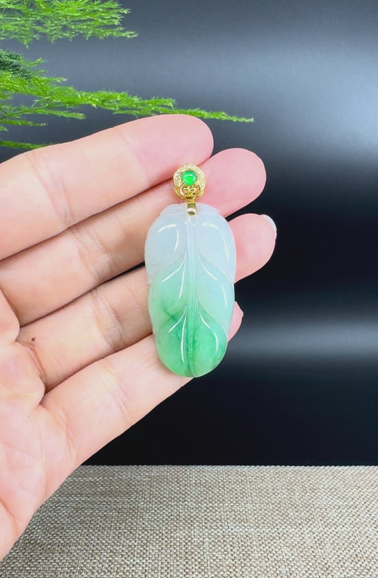 Load and play video in Gallery viewer, RealJade® Co. Genuine Ice Green Jadeite Jade Jin Zhi Yu Ye (Leaf) Necklace With 18K Yellow Gold Bail

