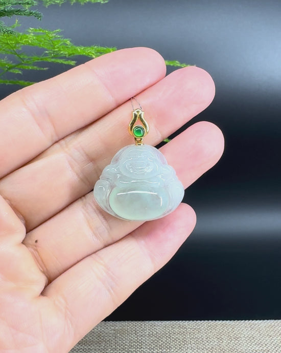 Load and play video in Gallery viewer, 18K Yellow Gold Burmese Icy Green Jadeite Jade Happy Buddha Pendant
