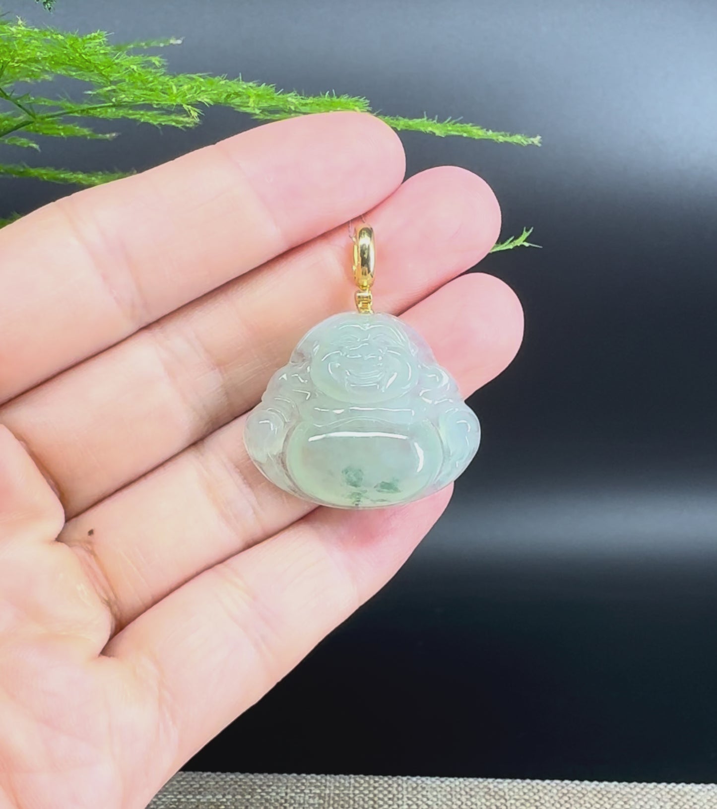 18K Yellow Gold Burmese Icy Green Flower Jadeite Jade Happy Buddha Pendant