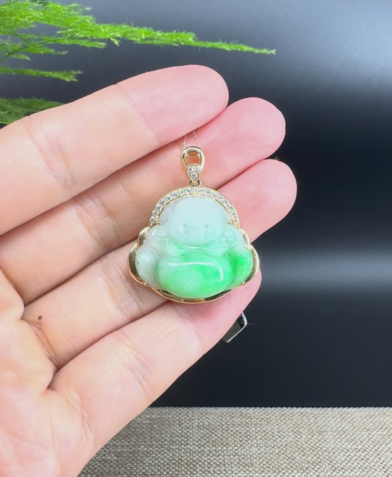 Load and play video in Gallery viewer, 18K Yellow Gold Burmese Green Jadeite Jade Happy Buddha Pendant
