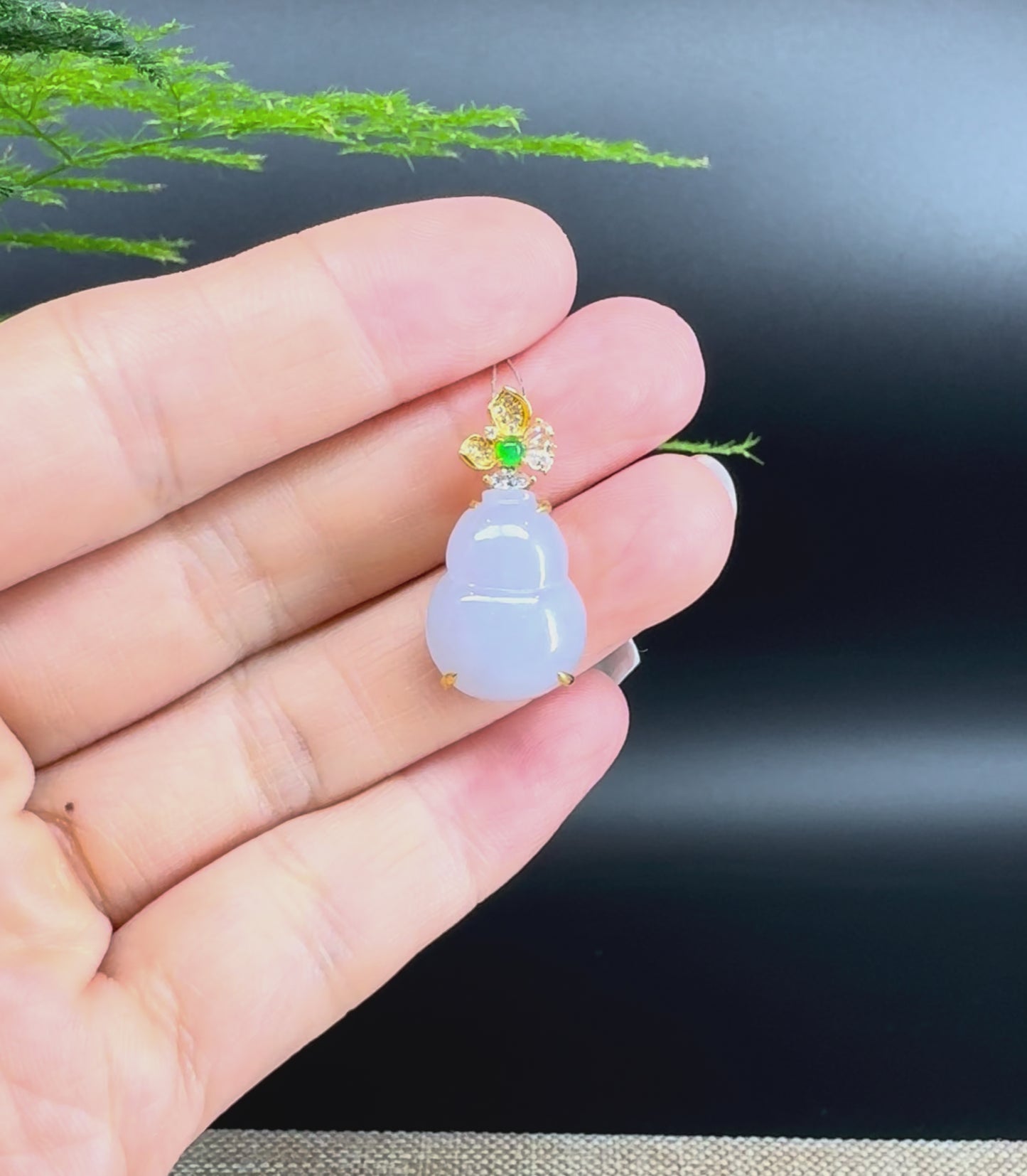 RealJade® Co. Genuine Light Lavender Jadeite Jade Good Luck Hulu Necklace With 18K Yellow Gold Bail
