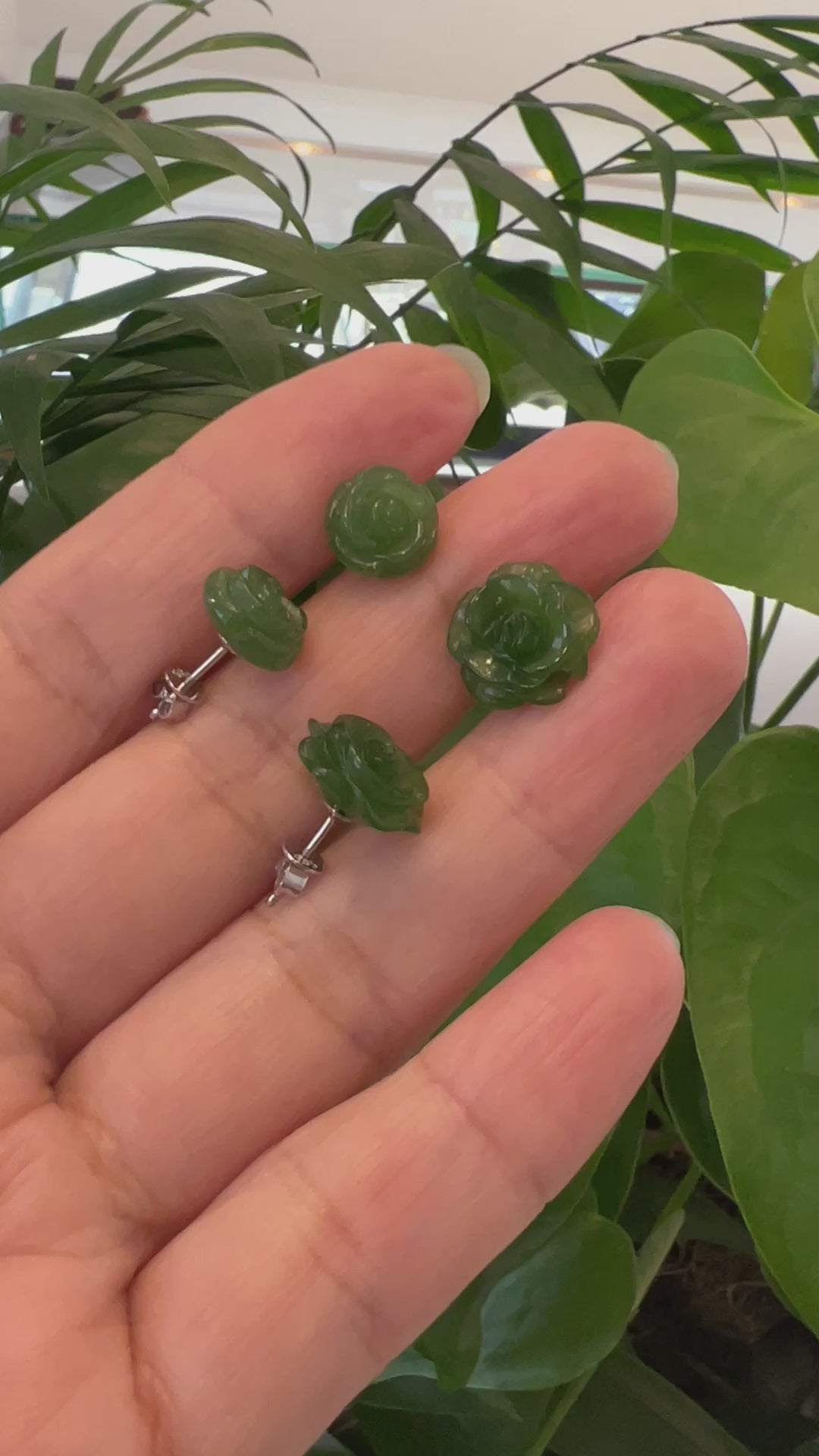 Load and play video in Gallery viewer, RealJade® &amp;quot;Rose Flowers&amp;quot; 14k Solid Gold Real Green Jade Rose Flower Earrings
