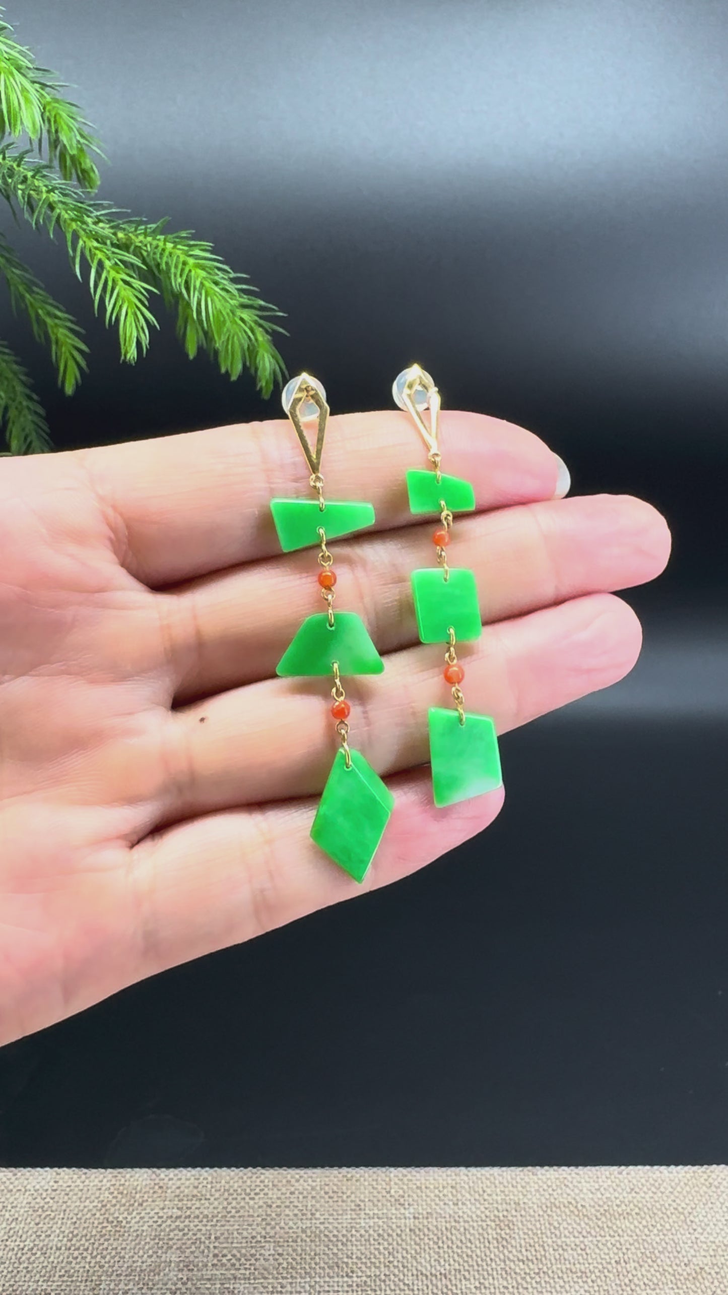 Load and play video in Gallery viewer, 18k Yellow Gold Genuine Green Jadeite Jade Earrings
