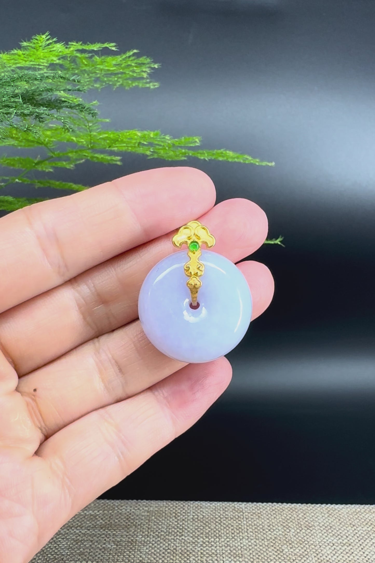 Load and play video in Gallery viewer, &amp;quot;Good Luck Button&amp;quot; Lavender Jadeite Jade Lucky KouKou Pendant With 18K Yellow Gold Bail
