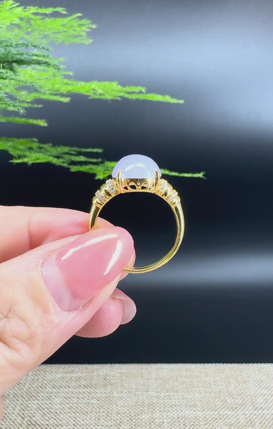 Load and play video in Gallery viewer, RealJade® &amp;quot;Signature Signet&amp;quot; 18K Yellow Gold  Lavender Jadeite Jade Classic Ring
