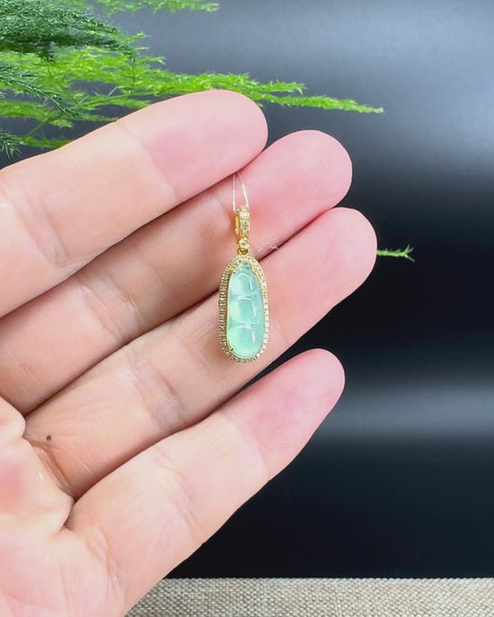 Load and play video in Gallery viewer, RealJade® Co. Genuine Burmese Ice Green Jadeite Jade Fu Dou Pendant with 18k Yellow Gold Diamond Bail
