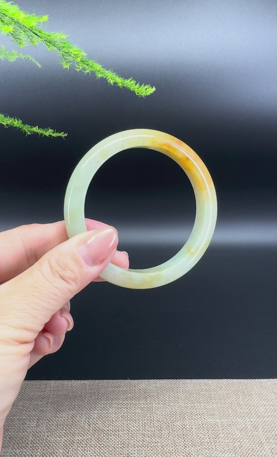 Load and play video in Gallery viewer, Genuine Burmese Yellow Green Jade Jadeite Bangle Bracelet ( 56.2mm )
