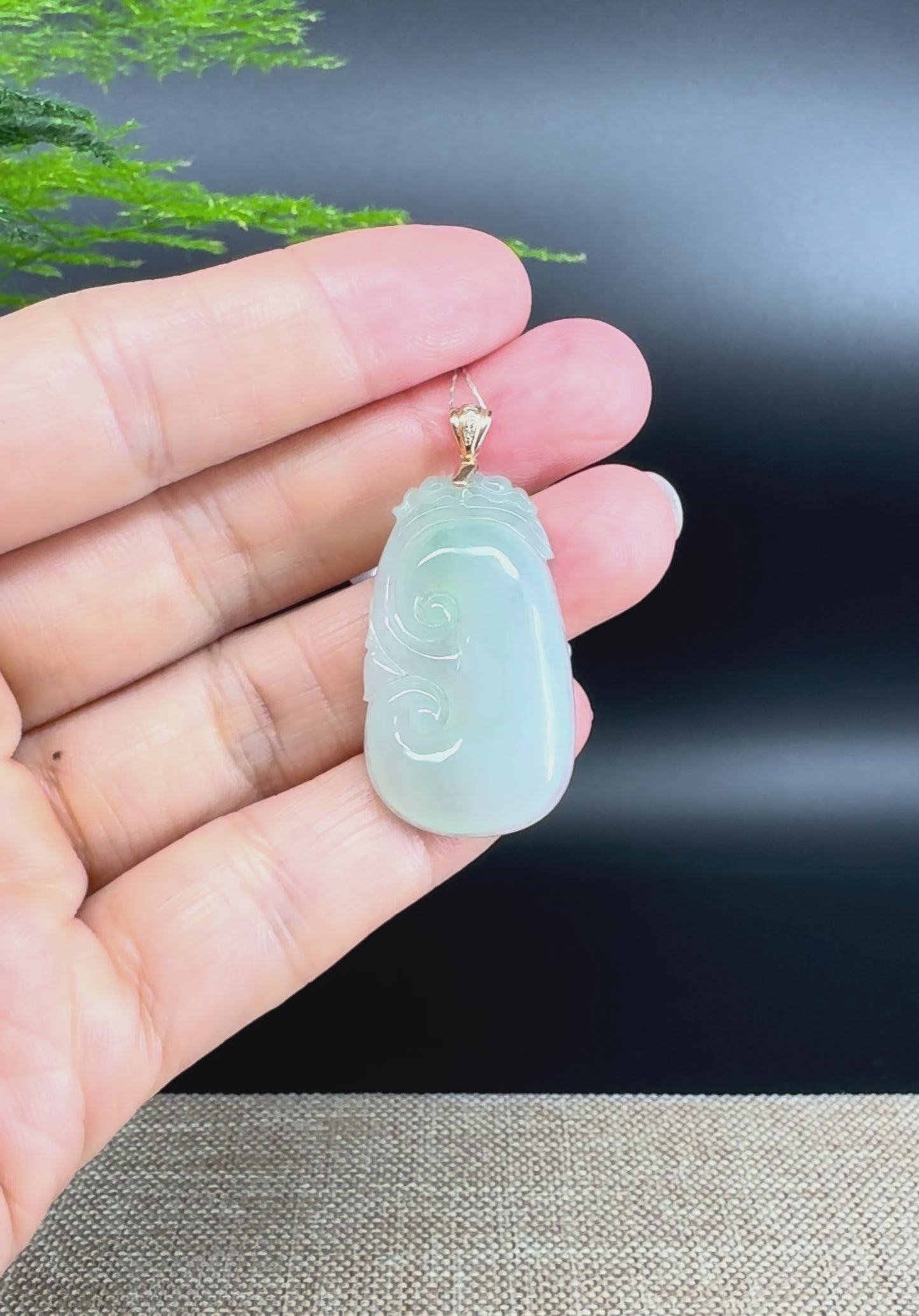 RealJade® Co. Genuine Icy Green Jadeite Jade Good Luck RuYi Necklace With 18K Yellow Gold Bail