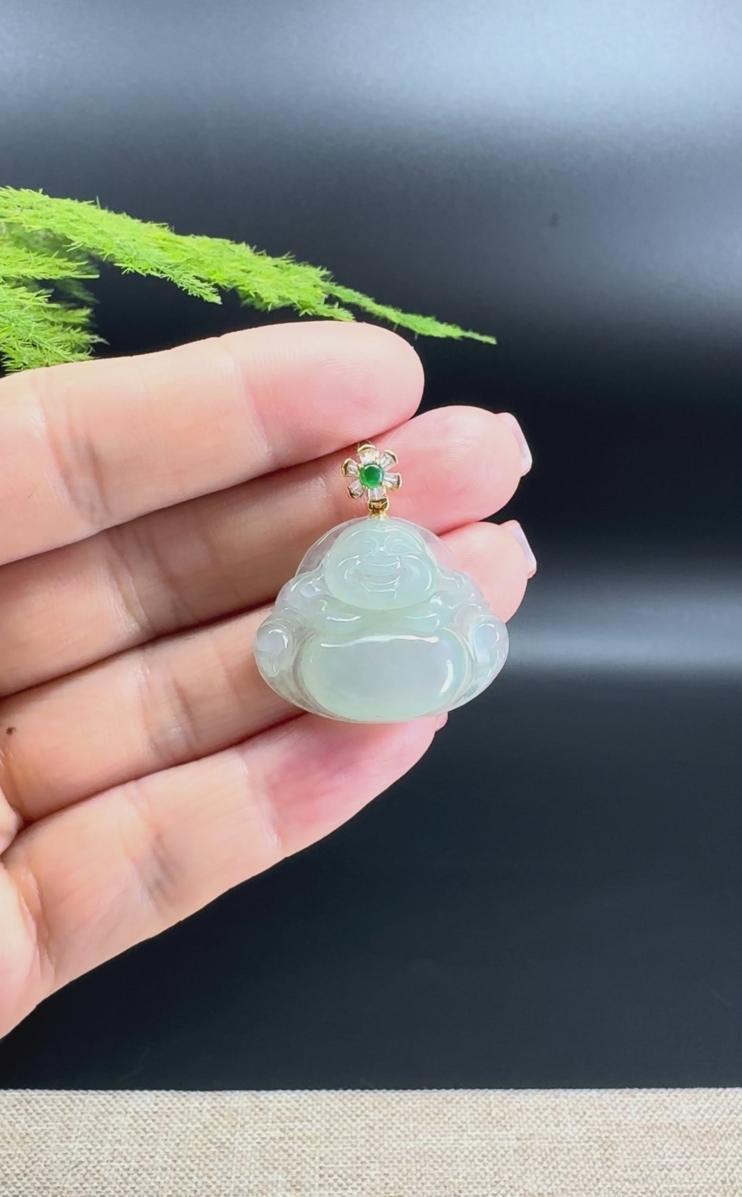 Load and play video in Gallery viewer, 18K Yellow Gold Burmese Icy Green Jadeite Jade Happy Buddha Pendant

