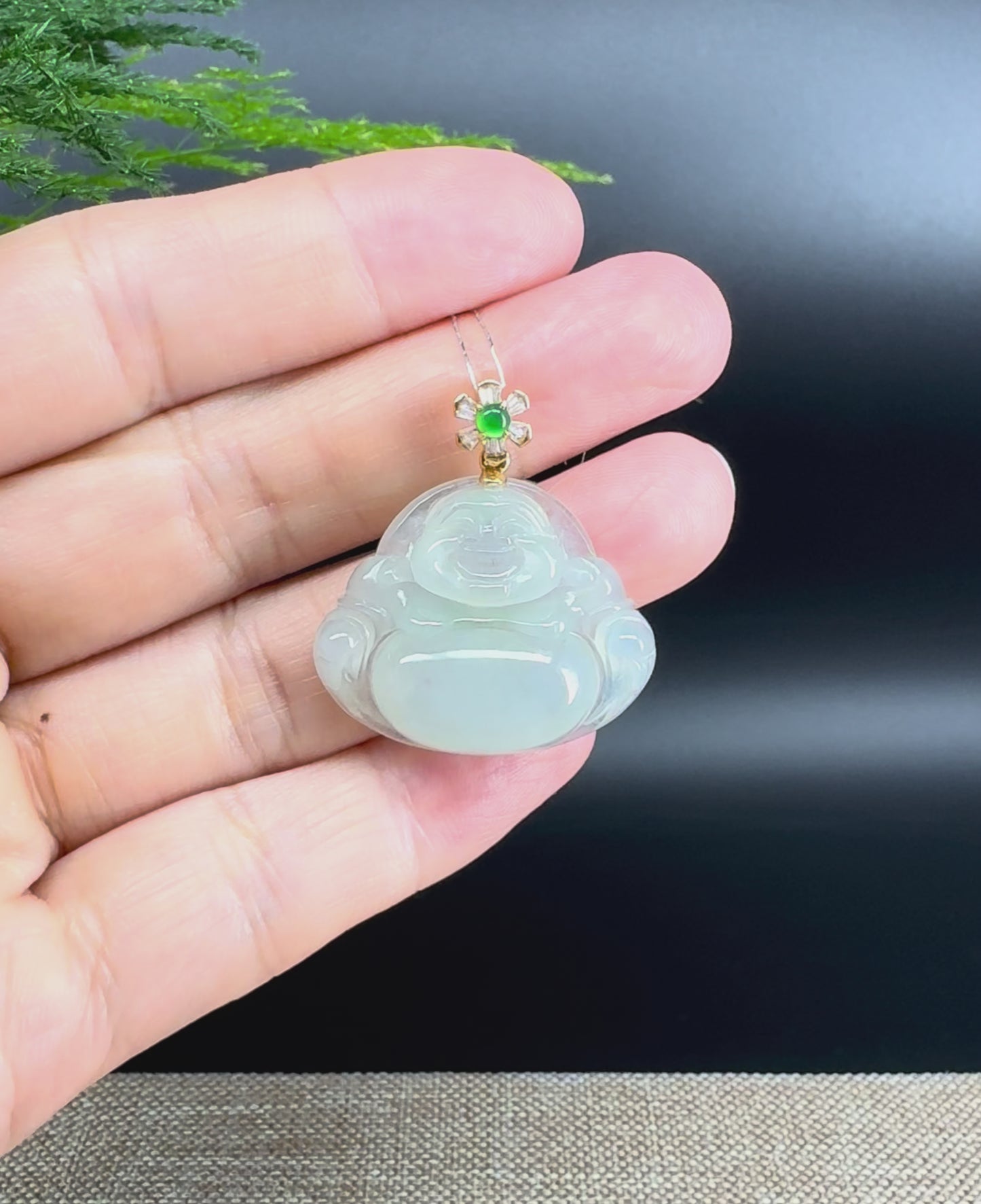 Load and play video in Gallery viewer, 18K Yellow Gold Burmese Icy Green Jadeite Jade Happy Buddha Pendant
