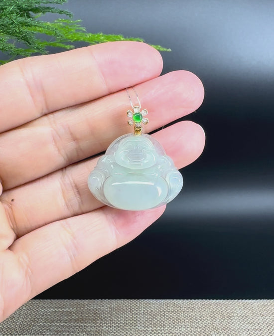 Load and play video in Gallery viewer, 18K Yellow Gold Burmese Icy Green Jadeite Jade Happy Buddha Pendant
