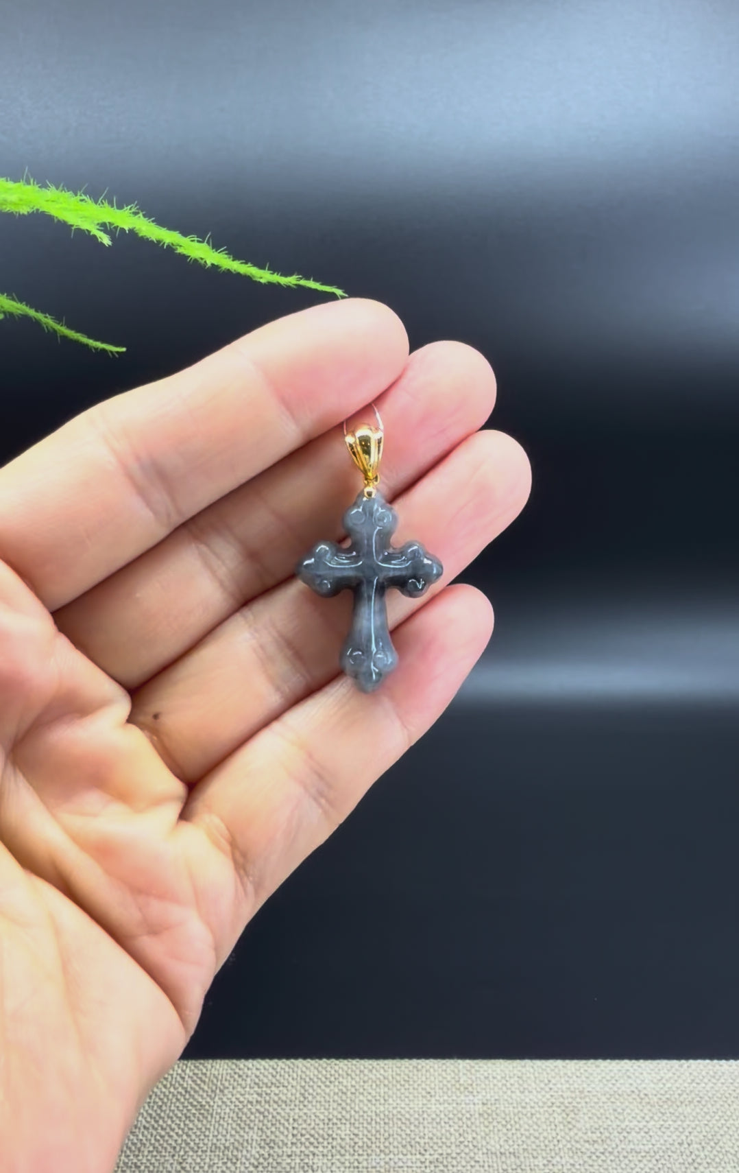 RealJade® Co. Genuine Smoky Wuji Jadeite Jade Cross Pendant Necklace With 18K Yellow Gold Bail