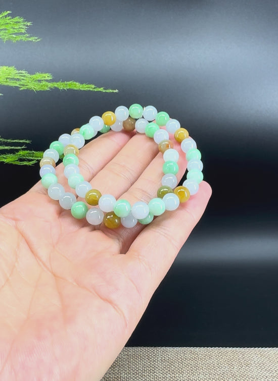Load and play video in Gallery viewer, RealJade® Co. Genuine Jadeite Jade Round Ice Multiple Colors Beads Bracelet (6.7mm)
