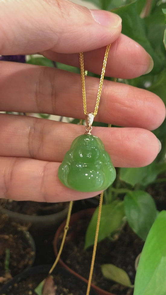 Load and play video in Gallery viewer, RealJade® &amp;quot;Laughing Buddha&amp;quot; 14k Gold Genuine Nephrite Apple Green Jade Pendant Necklace
