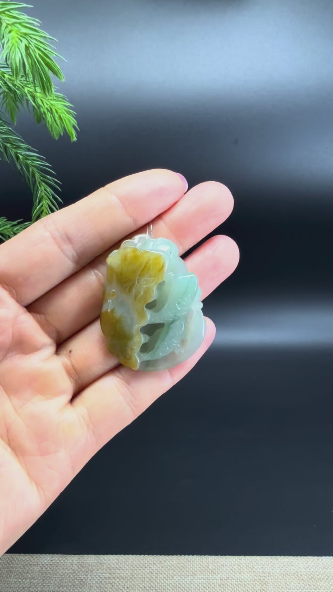 RealJade® Co.Natural Yellow Green Jadeite Jade Fishes & Lotus Pendant