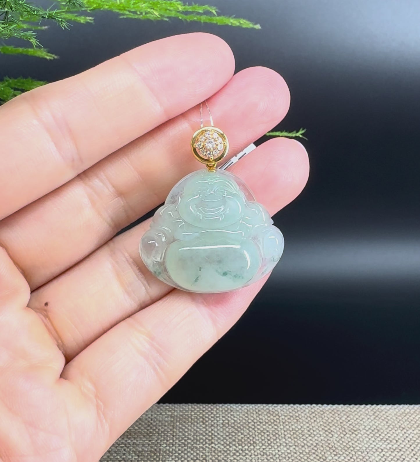 Load and play video in Gallery viewer, 18K Yellow Gold Burmese Icy Green Jadeite Jade Happy Buddha Pendant
