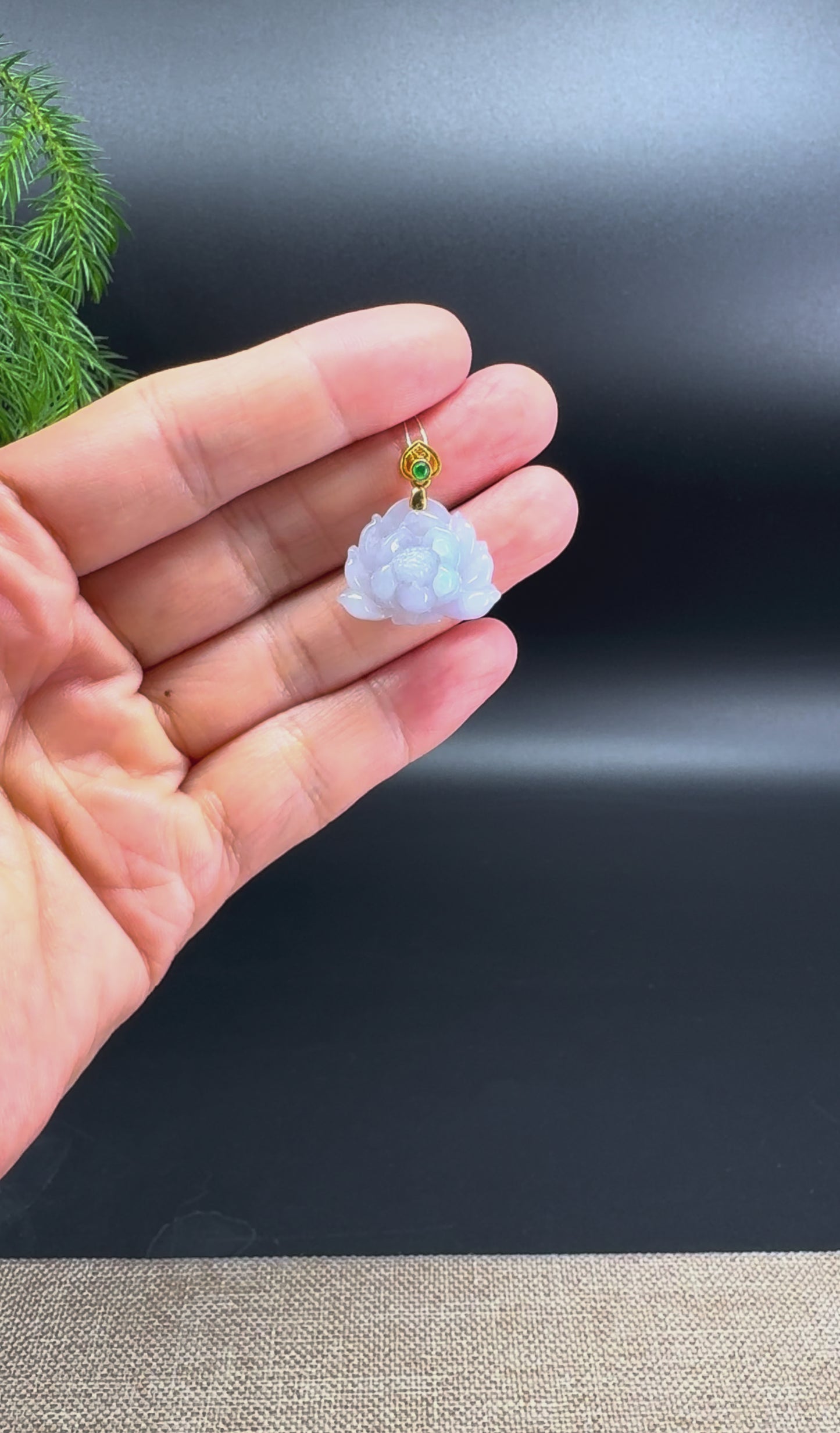 Natural 18K Yellow Gold Burmese Light Blue-Lavender Jadeite Jade Lotus Flower Pendant